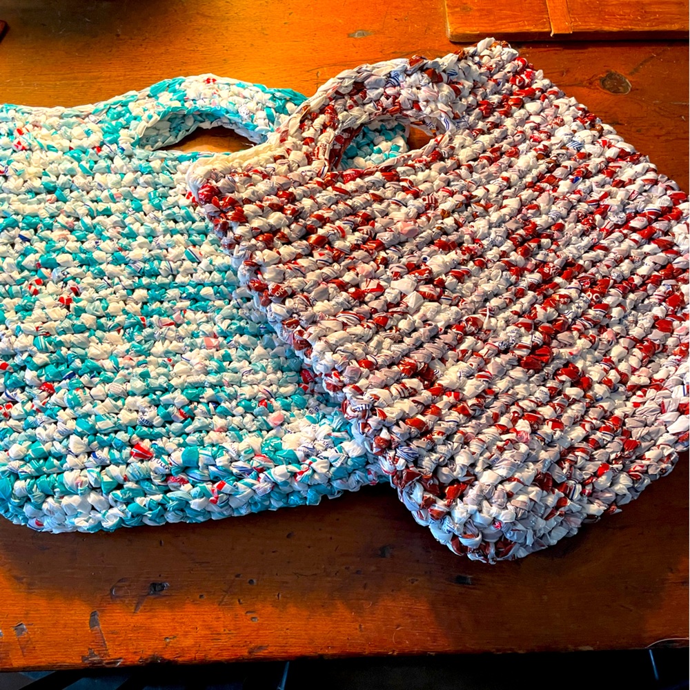 2 WOVEN MILK BAG SHOPPING BAGS CHOCOLATE & SKIM MILK NIELSON DAIRY HANDMADE COOL